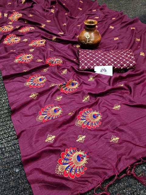 Awesome Silk Blend Saree With Blouse Piece for Women (Wine) (A-95)