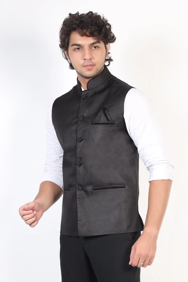 Jute Khadi Solid Waistcoat for Men (Black, M)