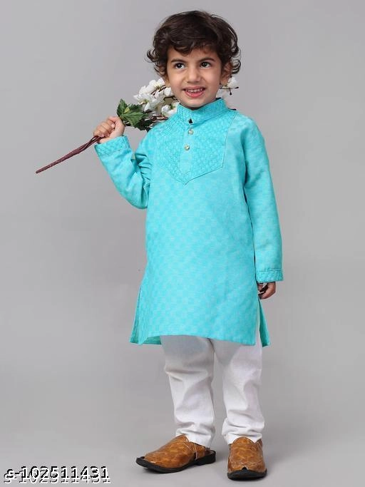 Cotton Kurta with Pyjama for Boys (Sky Blue & White, 9-12 Months)