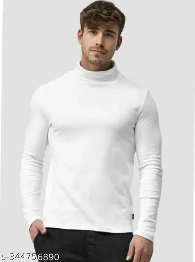 Cotton Blend Full Sleeves High Neck Thermal T-Shirt for Men (White, M)