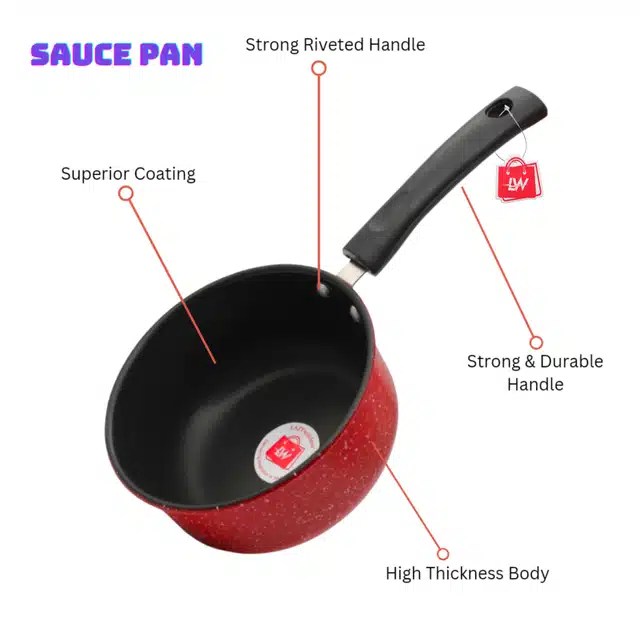 LAZYwindow Metal Nonstick Sauce Pan with Whisker (Pack of 2) (Red, 1.5 L)