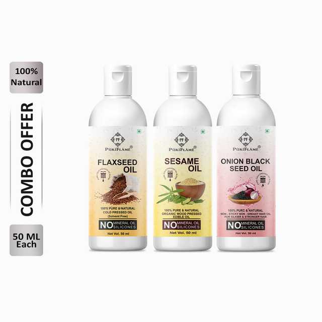 Puriflame Pure Flaxseed Oil (50 ml), Sesame Oil (50 ml) & Onion Black Seed Oil (50 ml) Combo for Rapid Hair Growth (Pack Of 3) (B-10715)