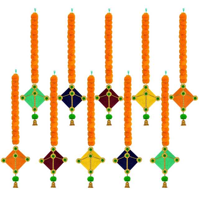 Handmade Marigold Artificial Fluffy Garland with Kite In The Bottom (Multicolour, 45 Inches) (Pack of 10 ) (IH-719)