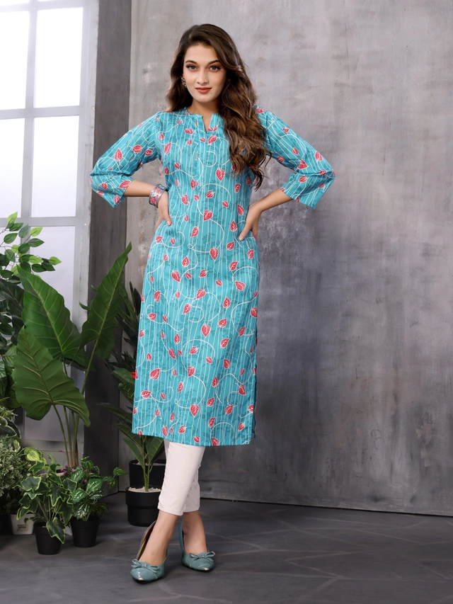 Crepe Printed Kurti for Women (Turquoise, S)