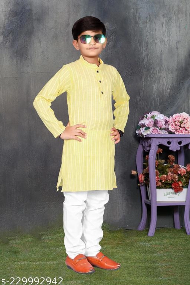 Cotton Kurta Sets for Boys (2-3 Years, Yellow & White)