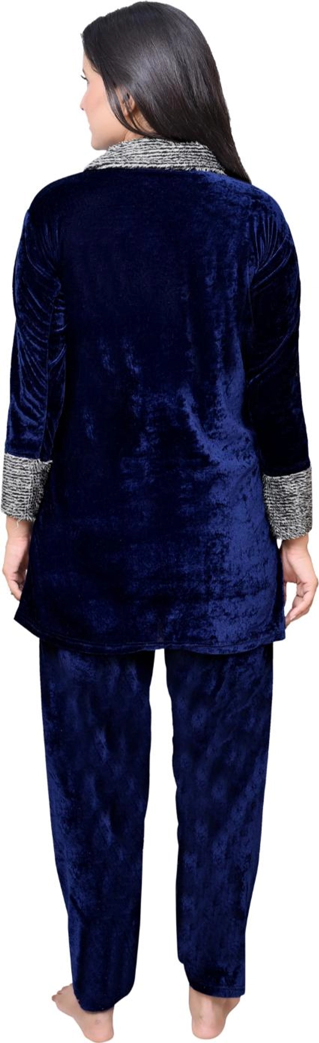 Velvet Solid Nightsuit for Women (Navy Blue, M)