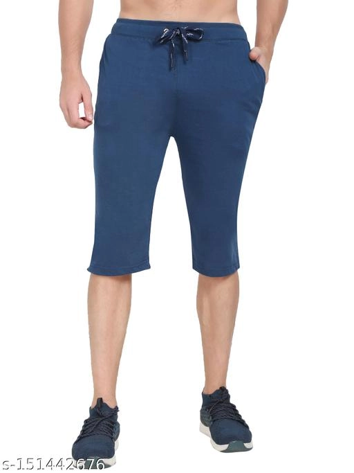 Cotton Blend Three Quarter Pants for Men (Blue, 30)