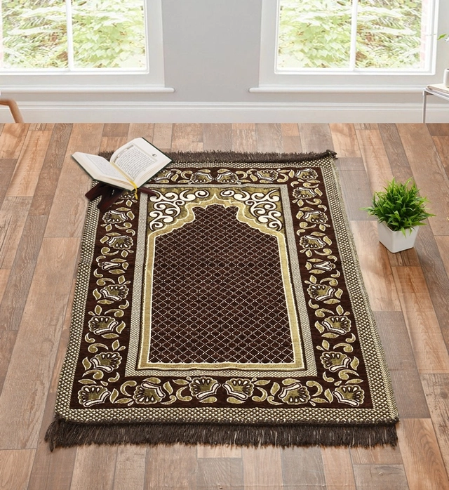 Velvet Chenille Super Soft Namaz Prayer Mat (Brown, 70x110 cm)