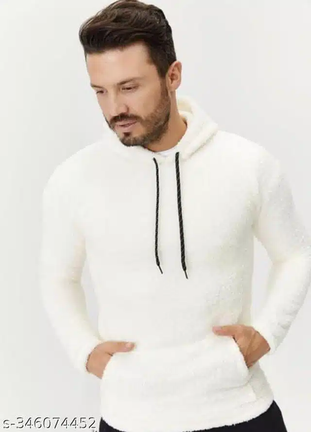 Woolen Full Sleeves Hooded Sweatshirt for Men (White, S)