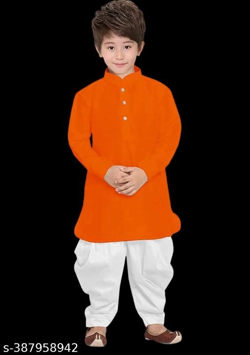 Cotton Solid Kurta with Pyjama for Boys (2-3 Years, Orange & White)