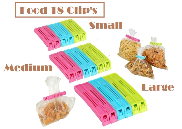 Plastic Food Bags Airtight Vaccum Sealer Clips (Multicolor, Set of 18)