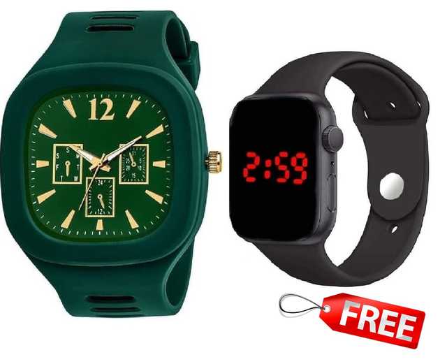 Watchstar Sports Rubber Strap & Digital Watch For Men (Pack Of 2, Green) (Me-104)