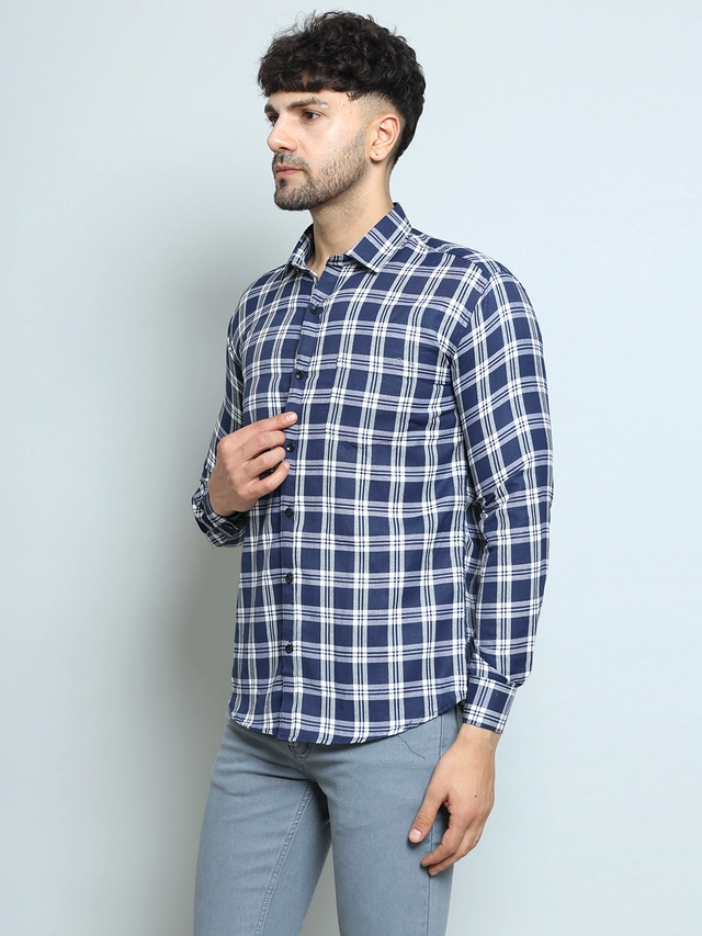 Full Sleeves Checked Shirt for Men (Blue, M)