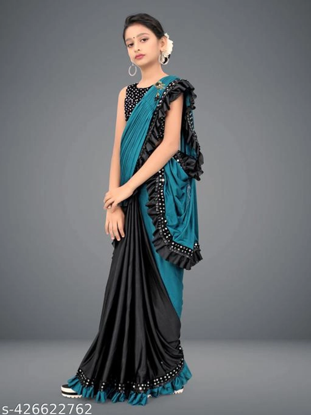 Checked Fancy Saree for Girls with Blouse (Teal & Black, 3-4 Years)