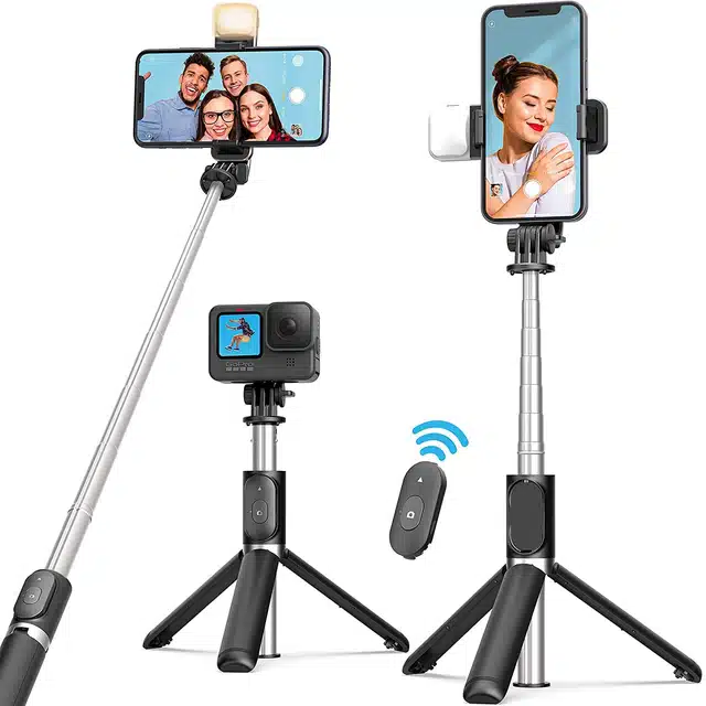 R1S Bluetooth Tripod Selfie Stick with Flash Light  (Black & Silver)