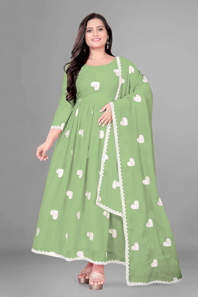 Georgette Ethnic Motif Gown with Dupatta for Women (Mint Green & White, S)