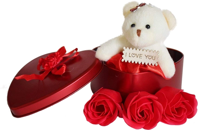 Artificial Roses with Teddy Bear Valentine's Day Gift Box (Multicolor)