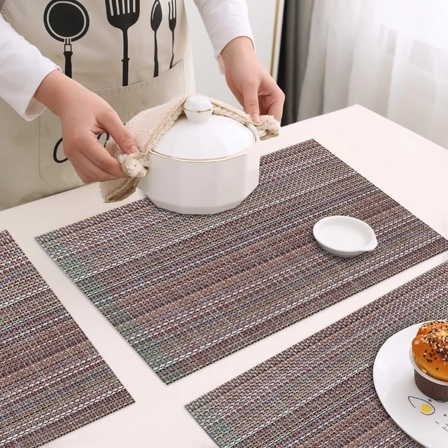 PVC Waterproof Rectangle Striped Table Mats (Brown, 45x30 cm) (Pack of 6)