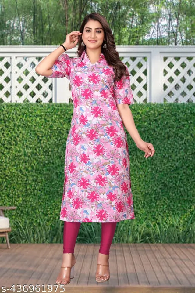 Polycotton Printed Kurti for Women (Pink, S )