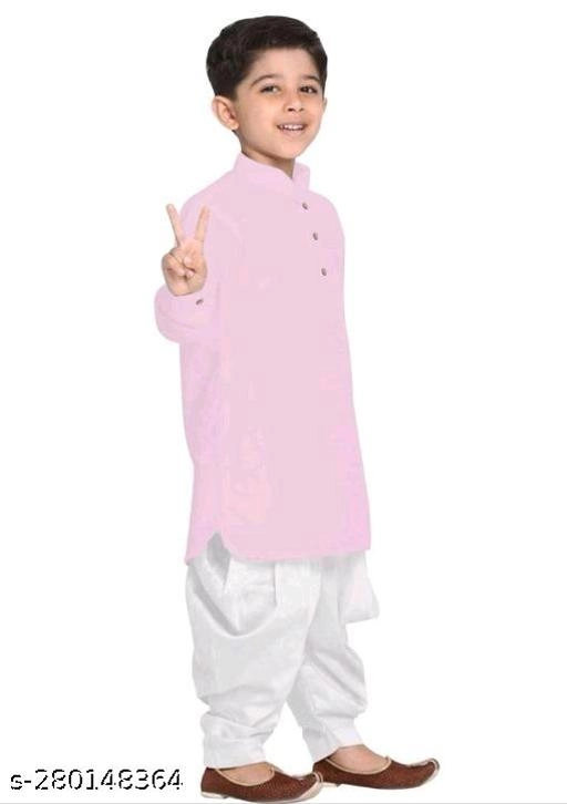 Cotton Solid Kurta with Pyjama for Boys (2-3 Years, Pink & White)