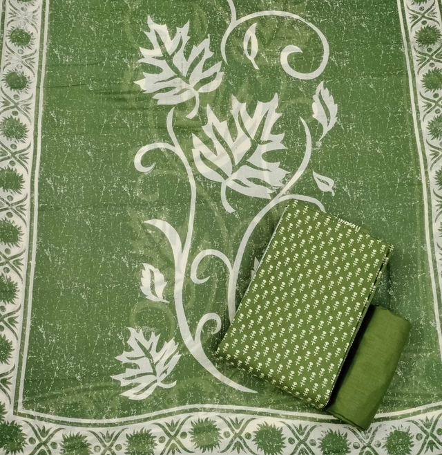 Cotton Original Bagro Batik Unstitched Suit Fabric with Dupatta for Women (Green, 2.25 m)
