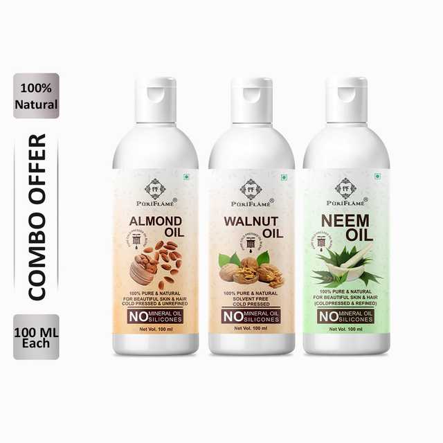 PuriFlame Pure Almond Oil (100 ml) & Walnut Oil (100 ml) & Neem Oil (100 ml) Combo For Rapid Hair Growth (Pack Of 3) (B-1902)