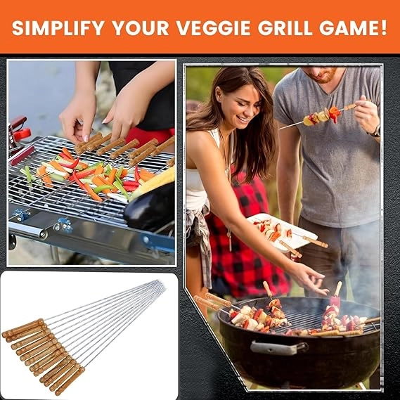 Stainless Steel Barbecue Skewers with Wooden Handle (Brown & Silver, 12 inches) (Pack of 12)