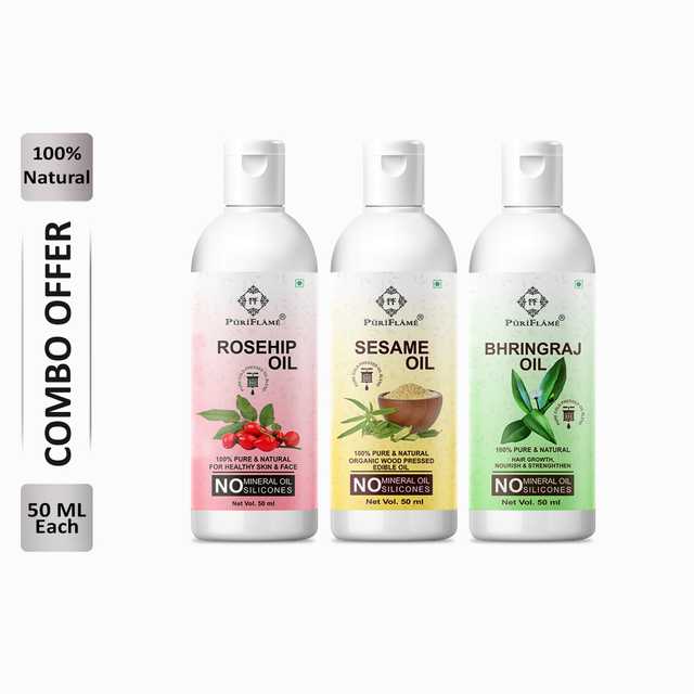 Puriflame Pure Rosehip Oil (50 ml), Sesame Oil (50 ml) & Bhringraj Oil ( 50 ml) Combo for Rapid Hair Growth (Pack Of 3) (B-13459)