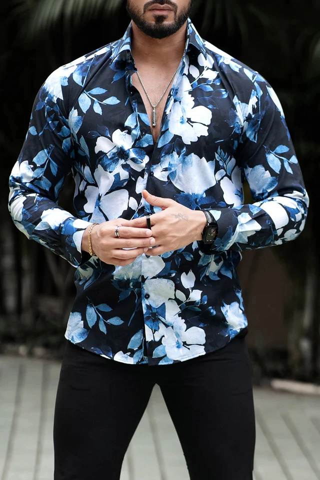 Lycra Full Sleeves Printed Shirt for Men (Multicolor, S)