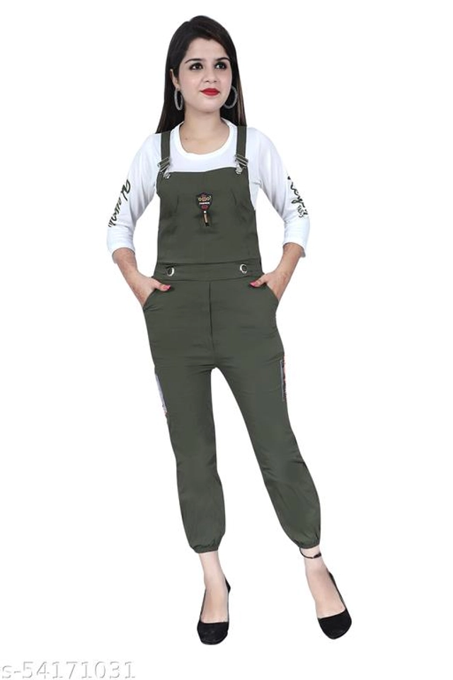 Cotton Blend Solid Dungaree for Women & Girls (Olive, S)