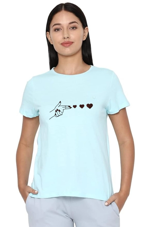 Round Neck Printed T-Shirt for Women (Aqua Blue, S)