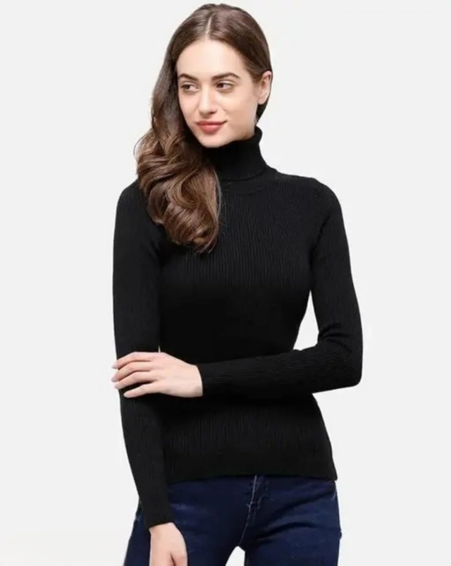 Cotton High Neck Solid Top for Women (Black, S)