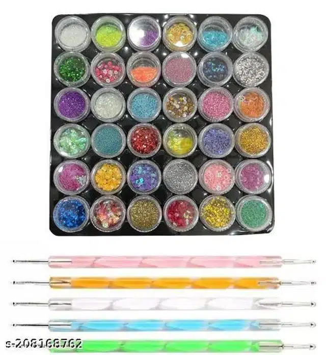 (36 Pcs) Glitter with (5 Pcs) Nail Art Dotting Tools (Multicolor, Set of 2)