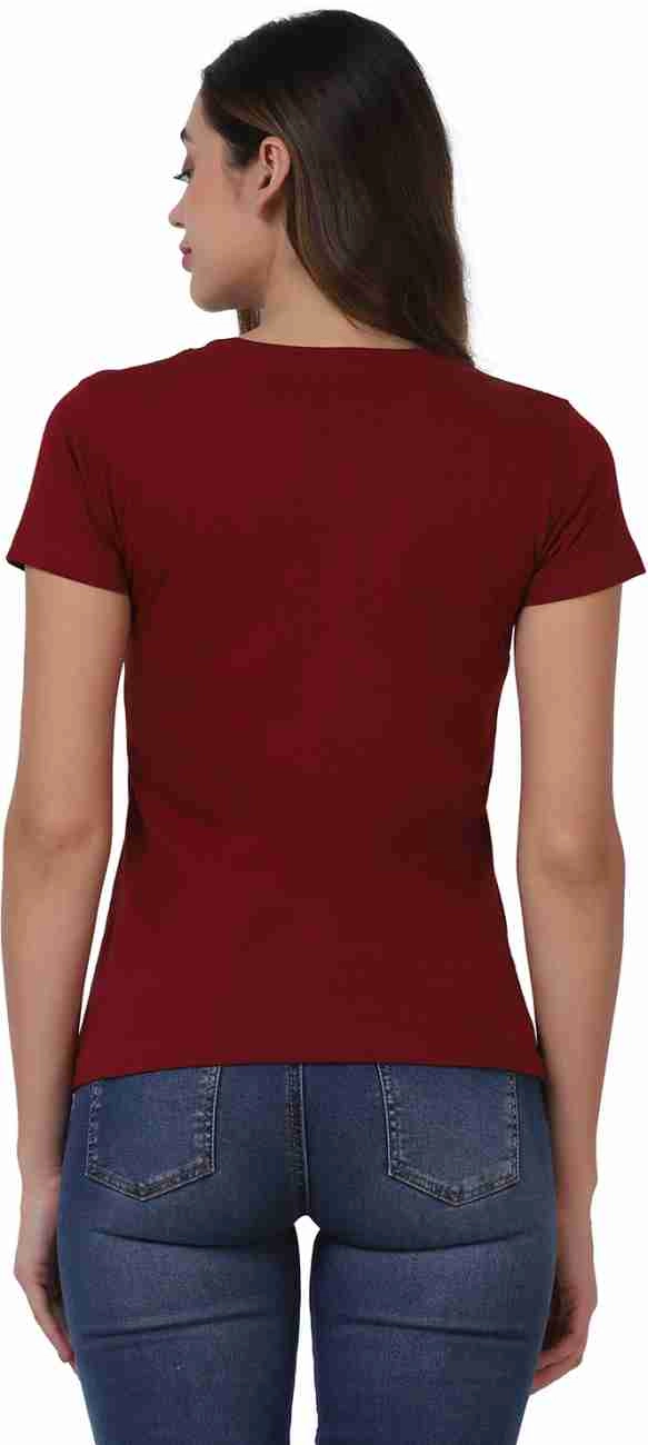 Round Neck Printed T-Shirt for Women (Maroon, S)