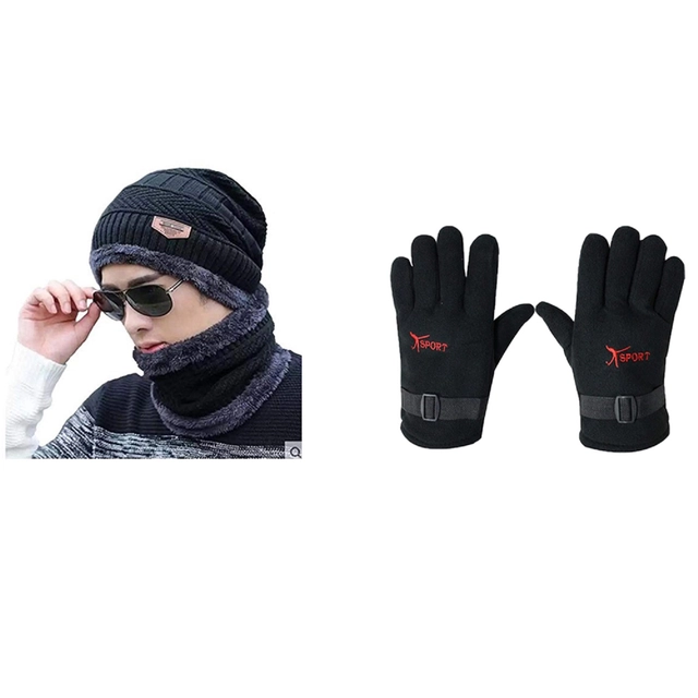 Woolen Cap with Neck Warmer & Gloves for Men & Women (Multicolor, Set of 2)