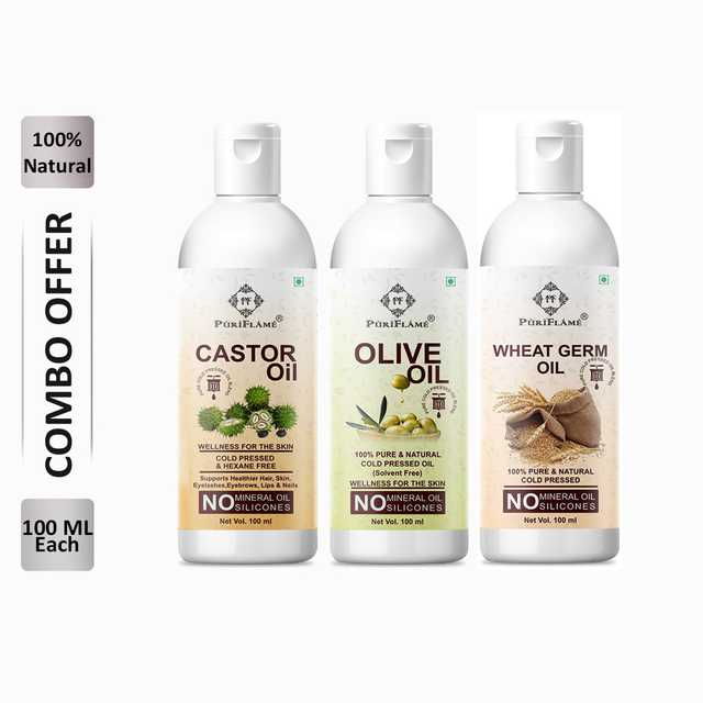 PuriFlame Pure Castor Oil (100 ml) & Olive Oil (100 ml) & Wheat Germ Oil (100 ml) Combo For Rapid Hair Growth (Pack Of 3) (B-3528)