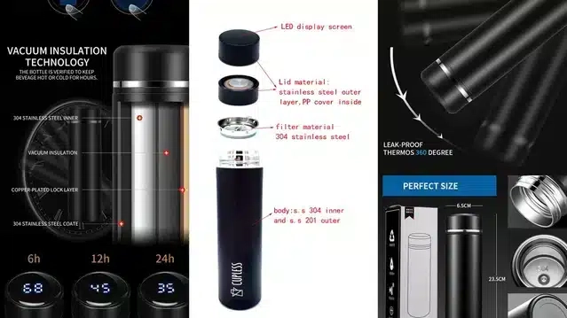 Stainless Steel Water Bottle with LED Temperature Display (Black, 500 ml)