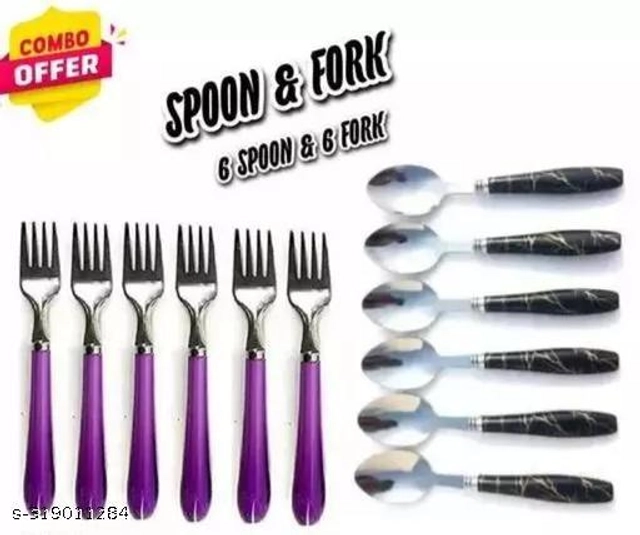 Stainless Steel Spoons (6 Pcs) with 6 Pcs Forks (Multicolor, Set of 2)