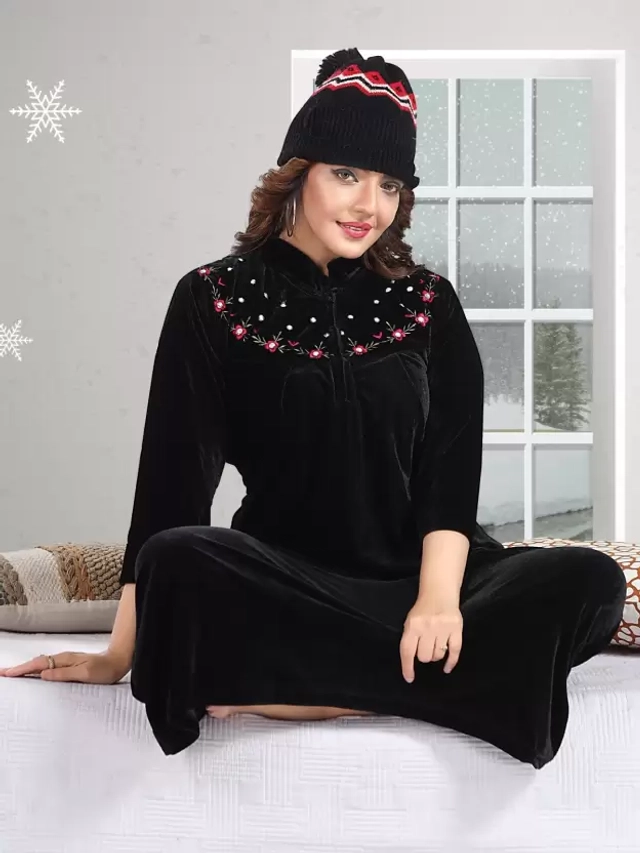 Velvet Embroidered Nightdress for Women (Black, Free Size)