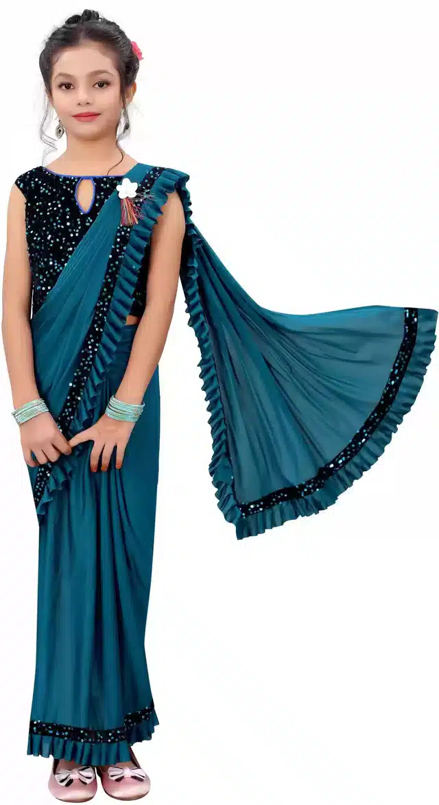 Ready To Wear Saree with Unstitched Blouse for Girls (Teal Blue, 4-5 Years)