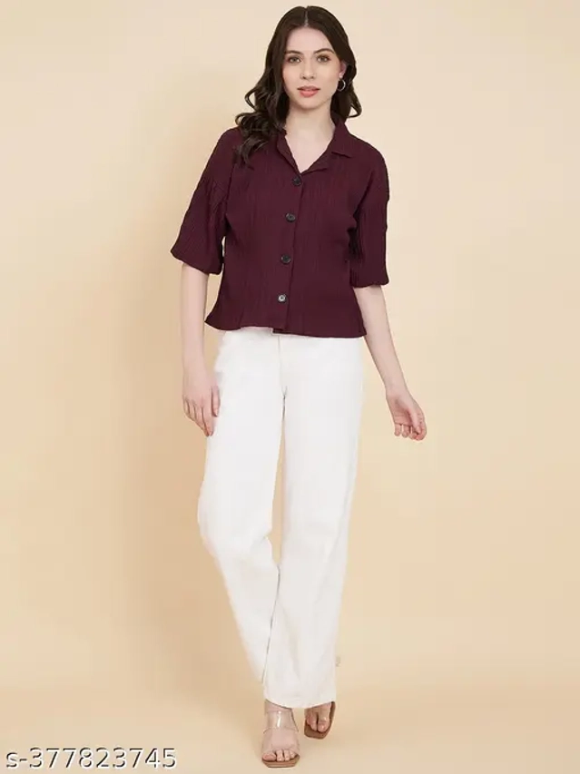 Cotton Blend Solid Shirt for Women (Maroon, S)