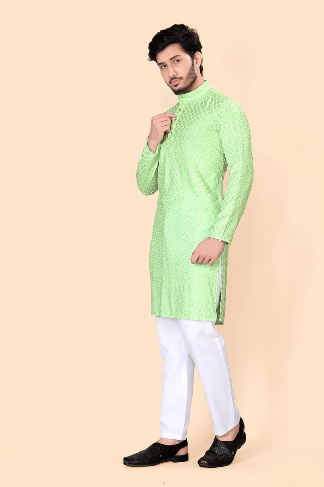 Cotton Blend Embroidered Kurta for Men (Mint Green, S)