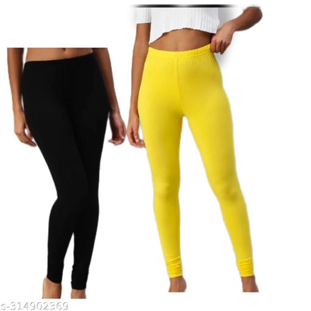 Cotton Blend Leggings for Women (Black & Yellow, 26) (Pack of 2)