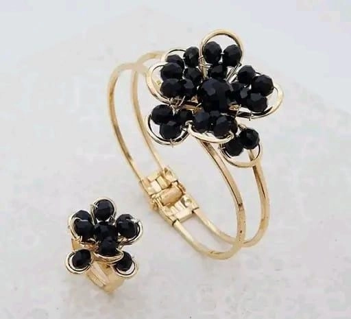 Alloy Bracelet with Ring for Women (Black & Gold, Set of 2)