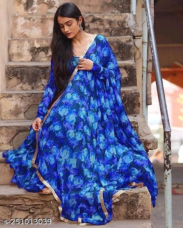 Georgette Printed Gown with Dupatta for Women (Blue, S)