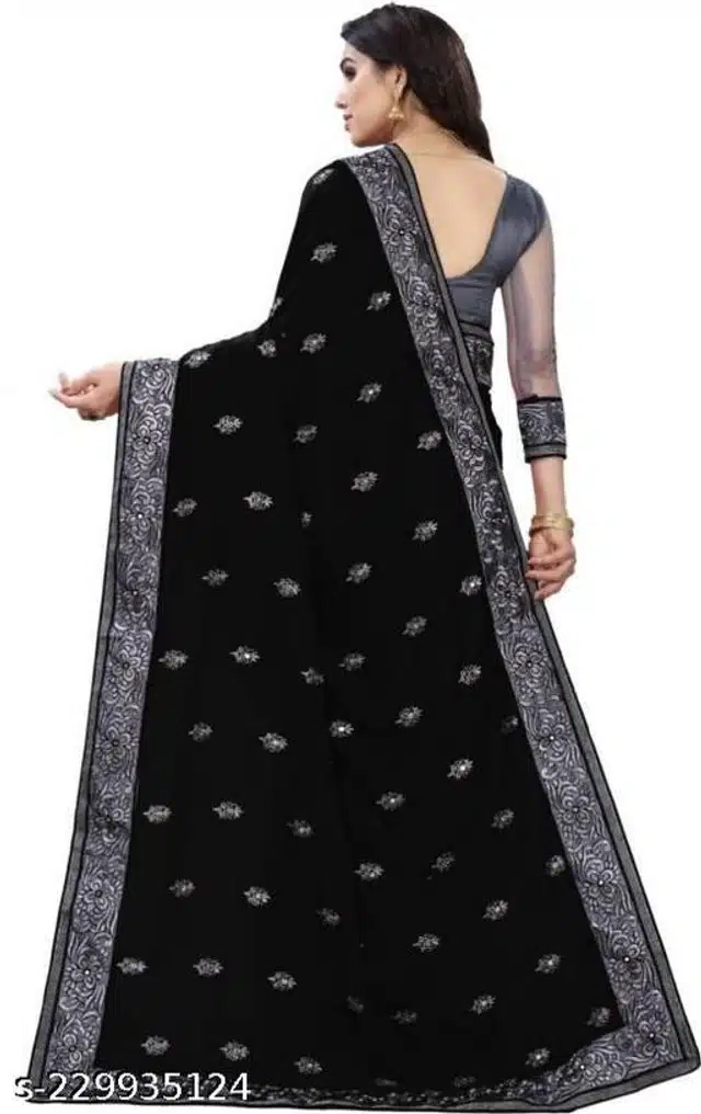 Net Embroidered Saree For Women (Black, 6.3 m)