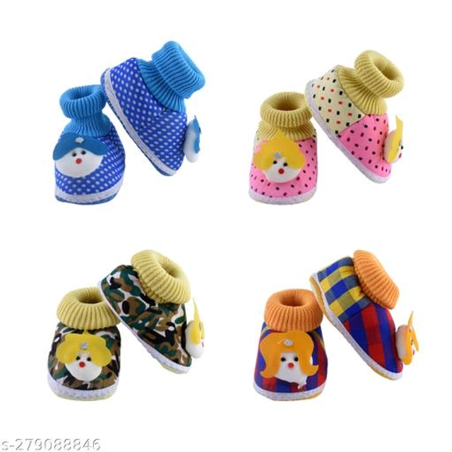 Cotton Booties for Baby (Multicolor, 3-6 Months) (Pack of 4)