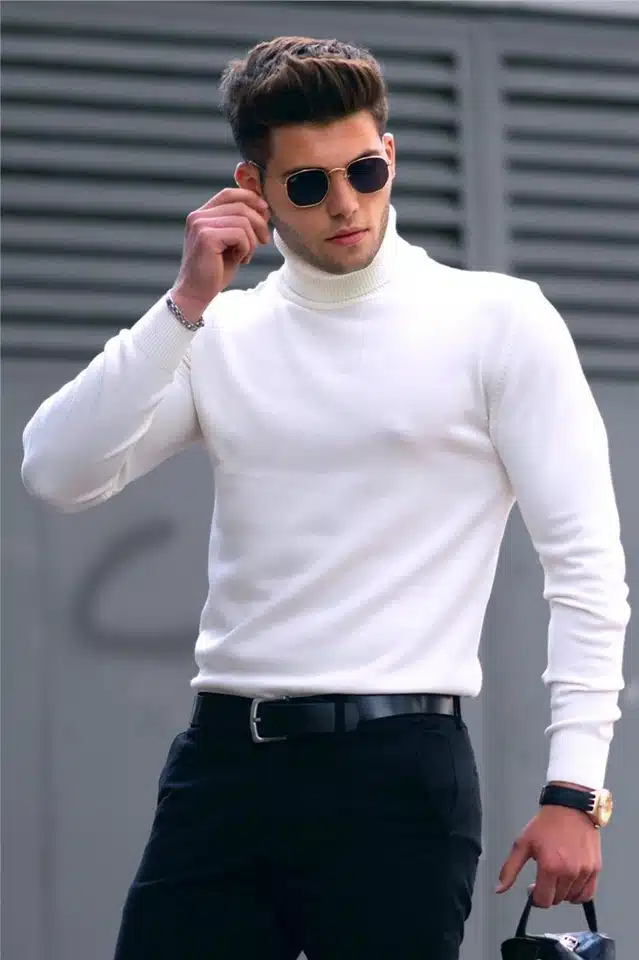 Cotton Blend High Neck Sweater for Men (White, S)