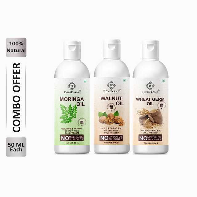 Puriflame Pure Moringa Oil (50 ml), Walnut Oil (50 ml) & Wheat Germ Oil (50 ml) Combo for Rapid Hair Growth (Pack Of 3) (B-11960)