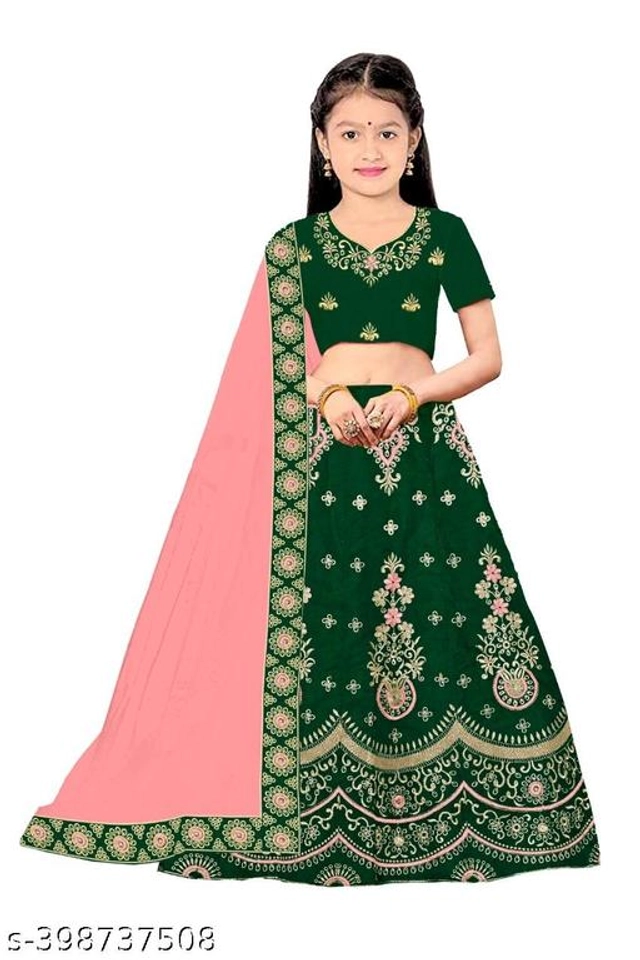 Satin Embroidered Lehenga with Choli & Dupatta for Girls (Green & Pink, 2-3 Years)